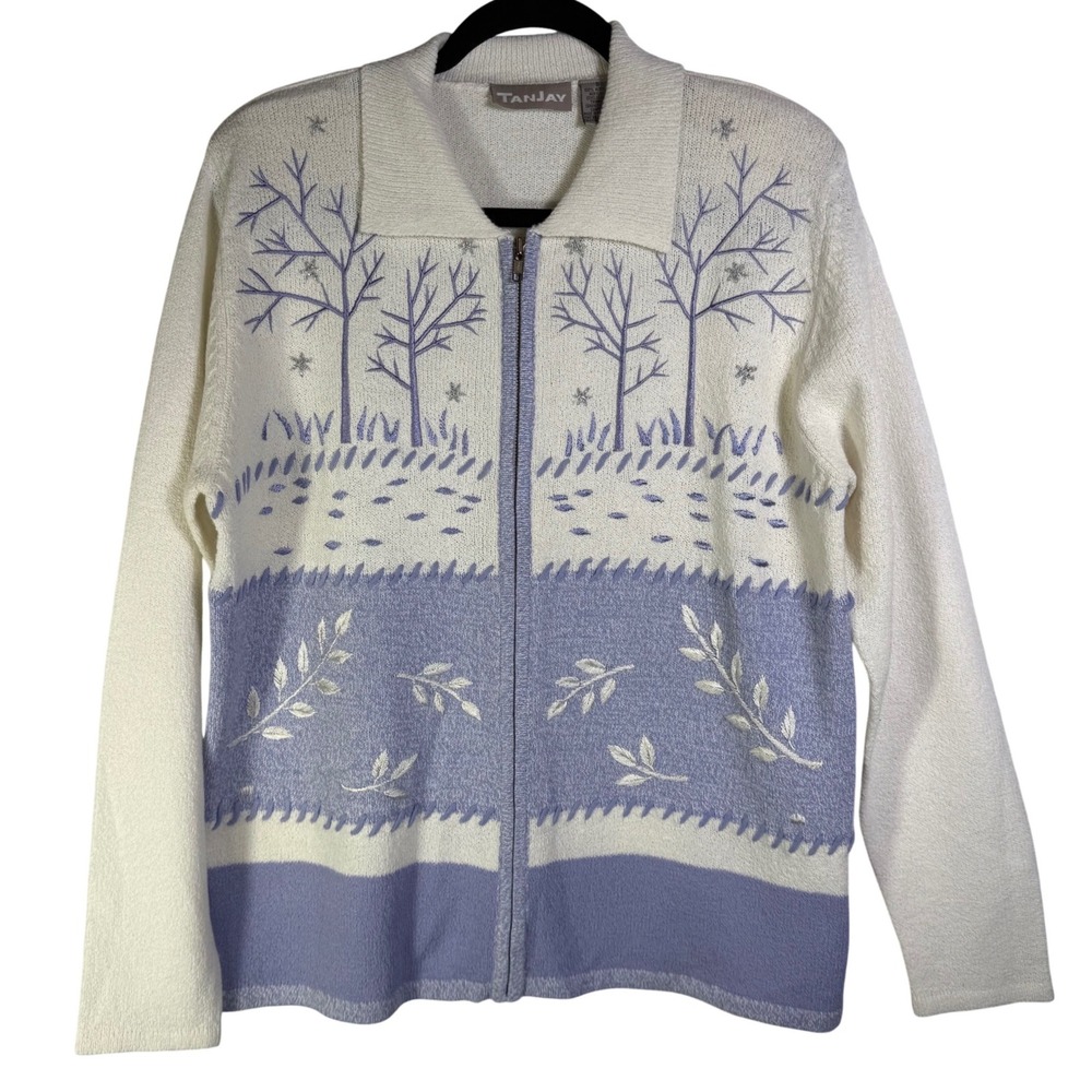 Tanjay Women White Blue Winter Tree Embroidered Zip Front Cardigan Sweater S